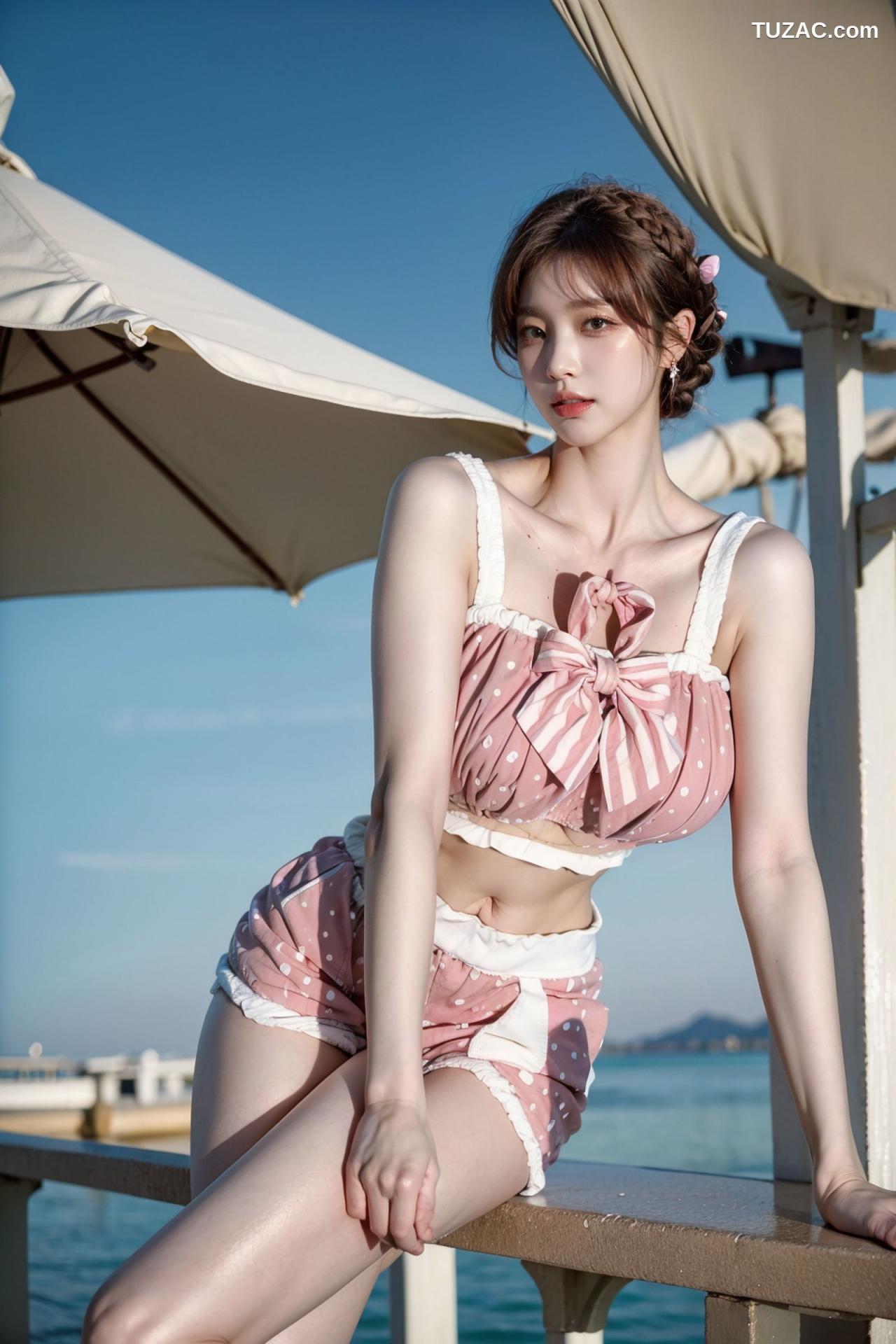 AI美女-拟实-可爱粉色吊带短裤户外