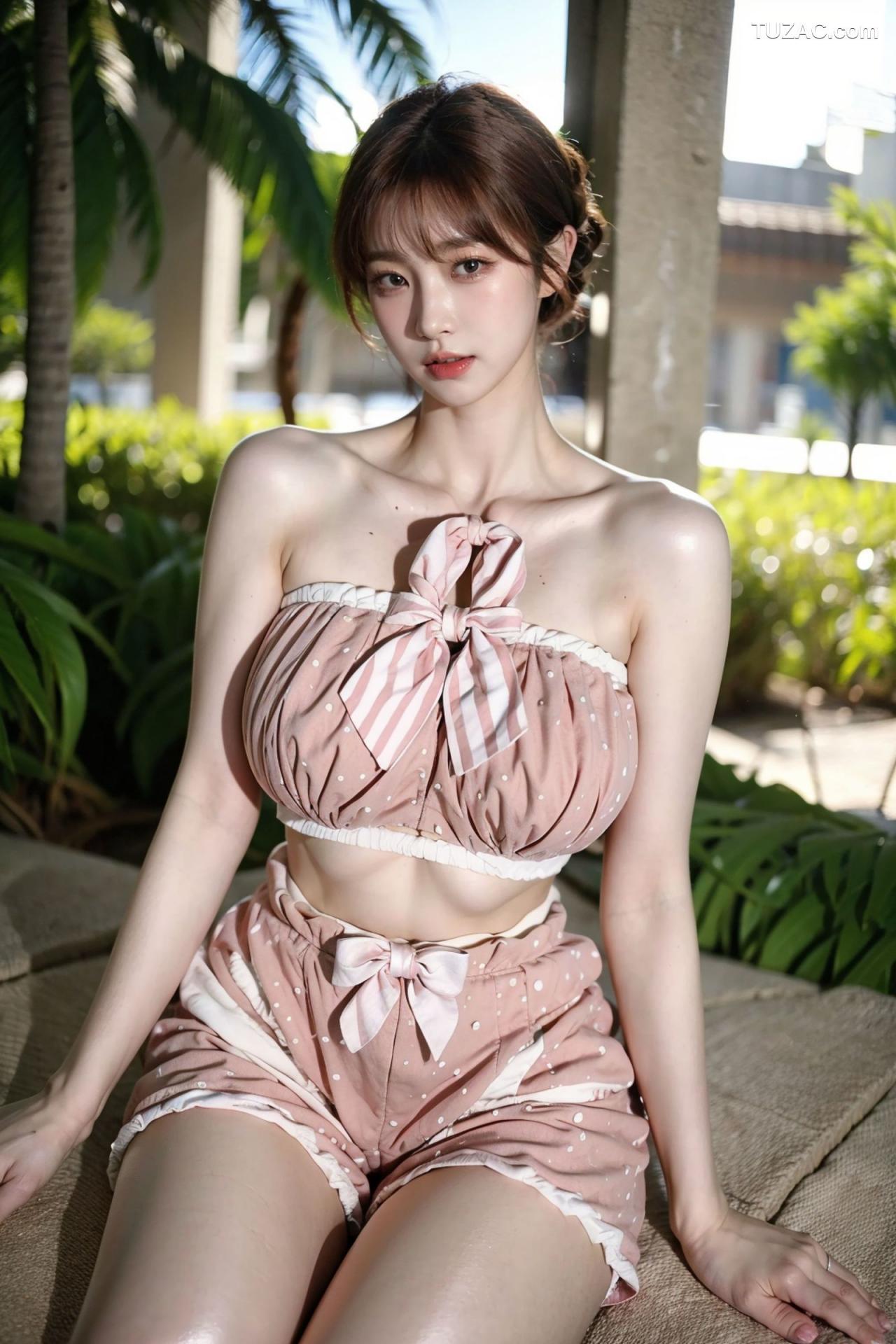 AI美女-拟实-可爱粉色吊带短裤户外