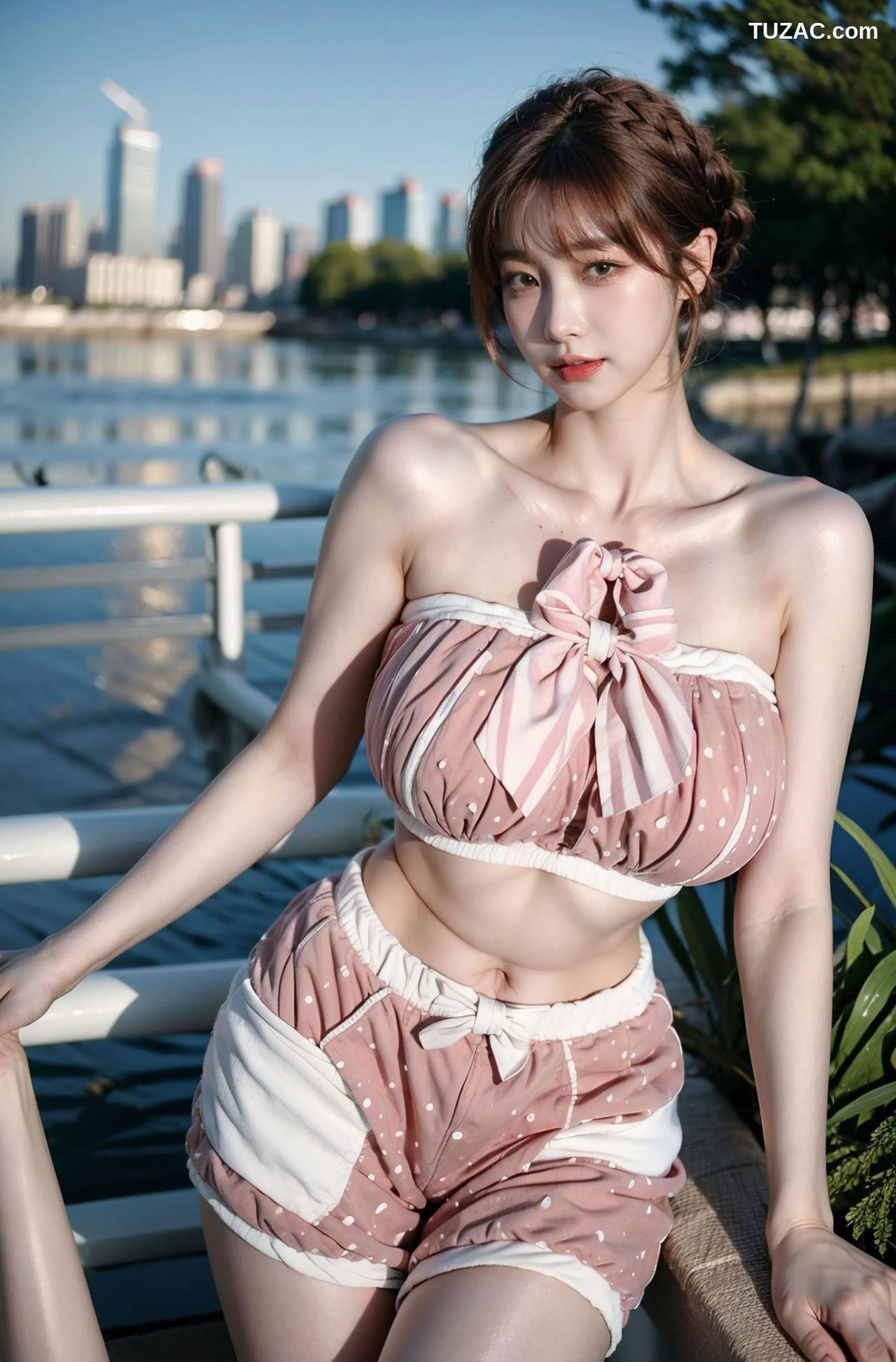 AI美女-拟实-可爱粉色吊带短裤户外