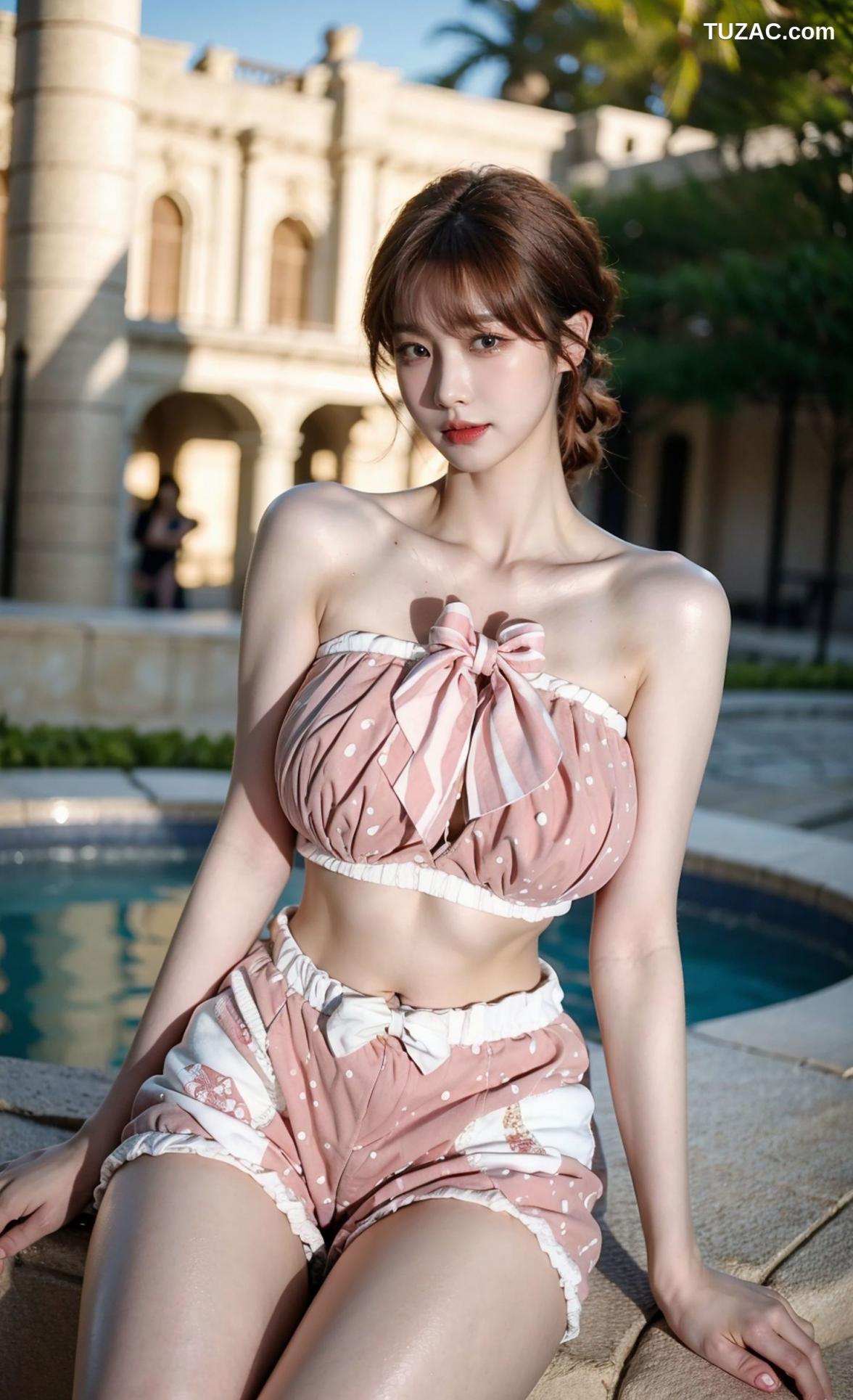 AI美女-拟实-可爱粉色吊带短裤户外